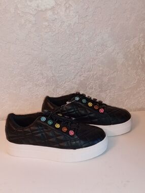 Kurt Geiger LittleKids Quilted Black Platform Sneakers with Colorful Gem Accents